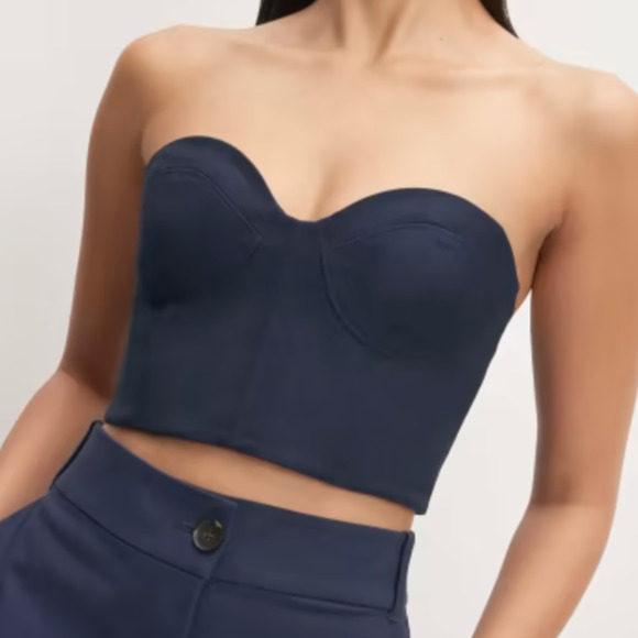 Everlane The Structured Cotton Bustier Top Chic Cropped Zip Back Size 12 Navy - Picture 1 of 14